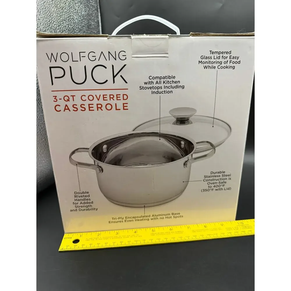 NEW Wolfgang Puck 3 Qt Stainless Steel Covered Casserole Baking Pot w/ Glass Lid